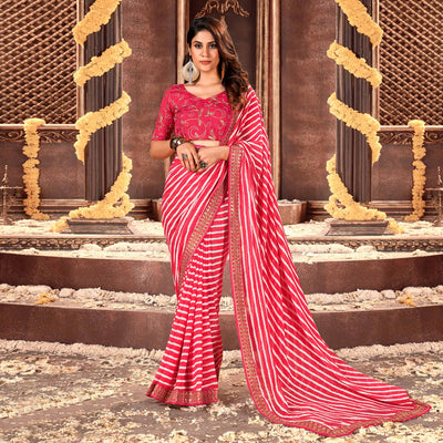 Gajri Pink Striped Printed Georgette Saree