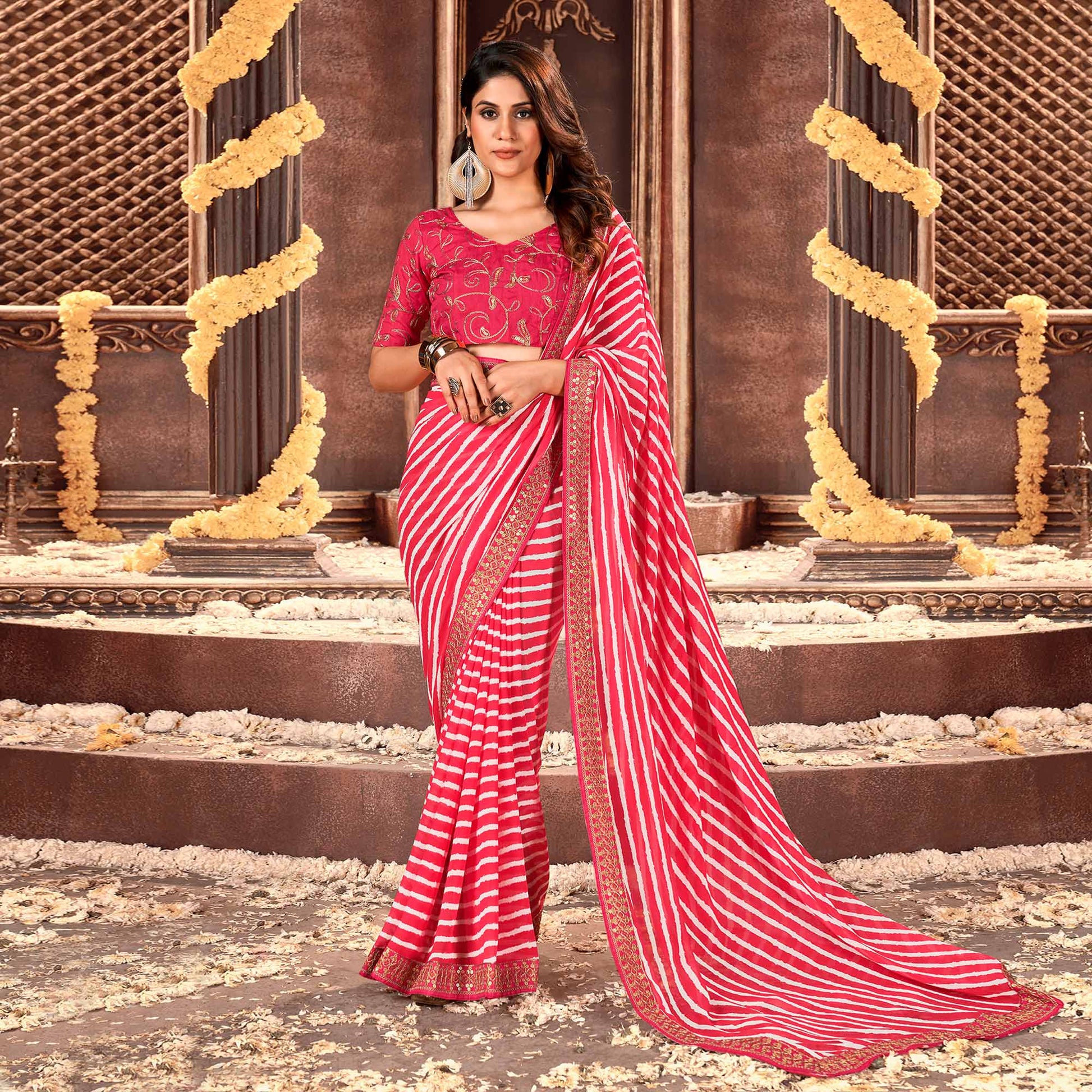 Gajri Pink Striped Printed Georgette Saree