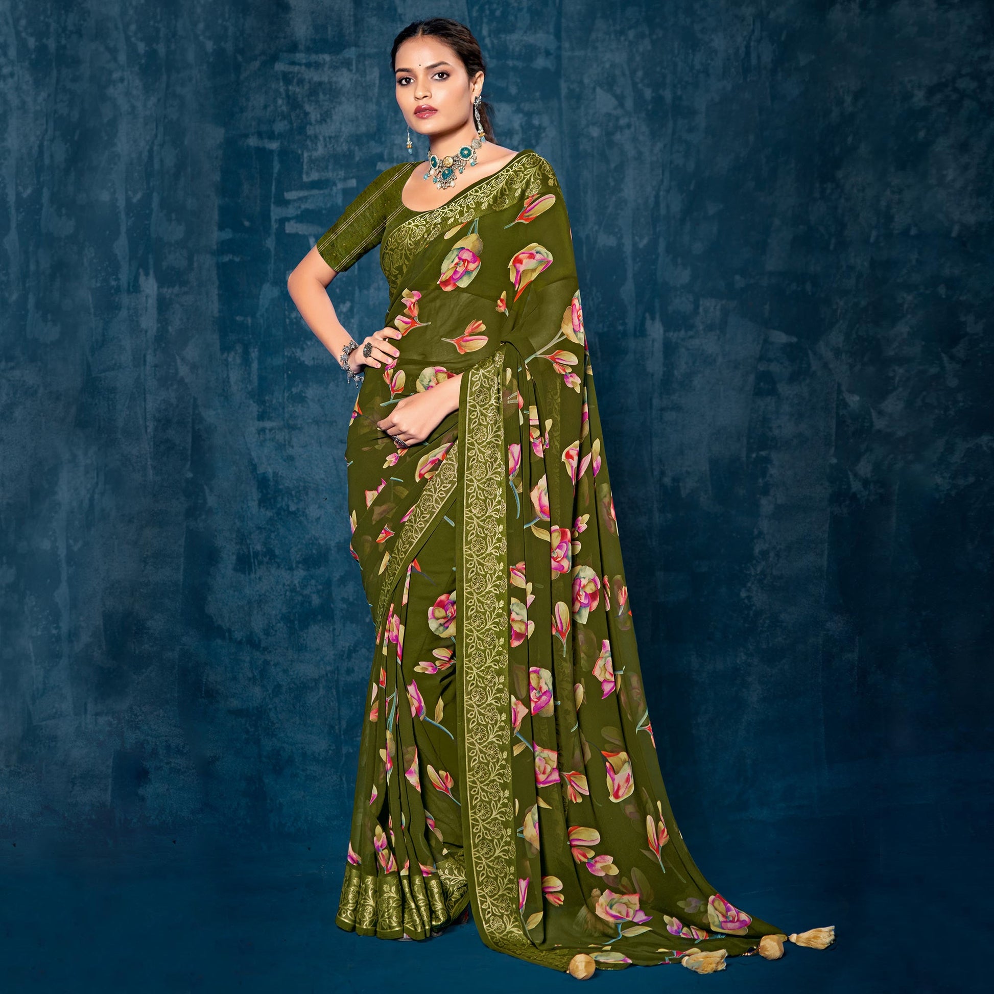 green-floral-printed-georgette-saree-with-viscose-border