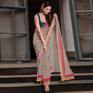 Cream Geometric Printed Cotton Blend Saree