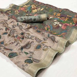 Brown Digital Printed Linen Saree