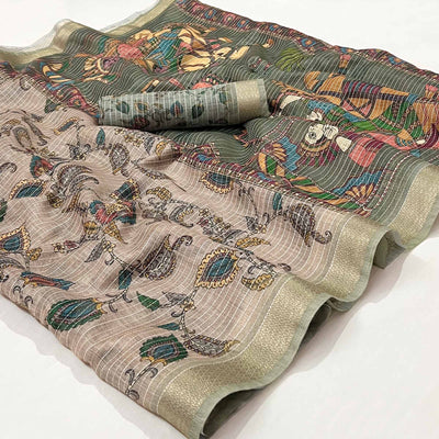 Brown Digital Printed Linen Saree