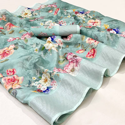 Mint Green Floral Digital Printed Cotton Silk Saree