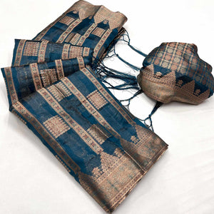 Blue Woven Cotton Blend Saree With Tassels