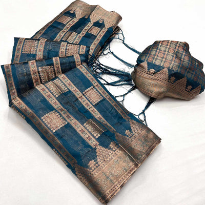 Blue Woven Cotton Blend Saree With Tassels