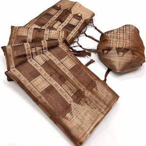 Brown Woven Cotton Blend Saree With Tassels