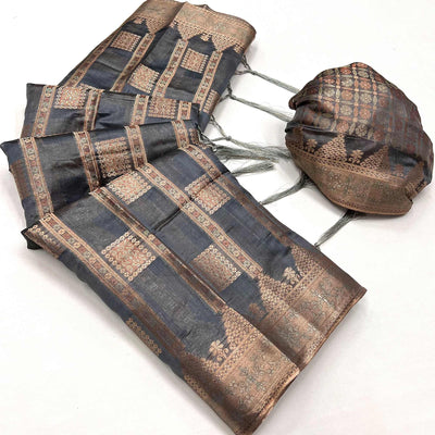 Grey Woven Cotton Blend Saree With Tassels