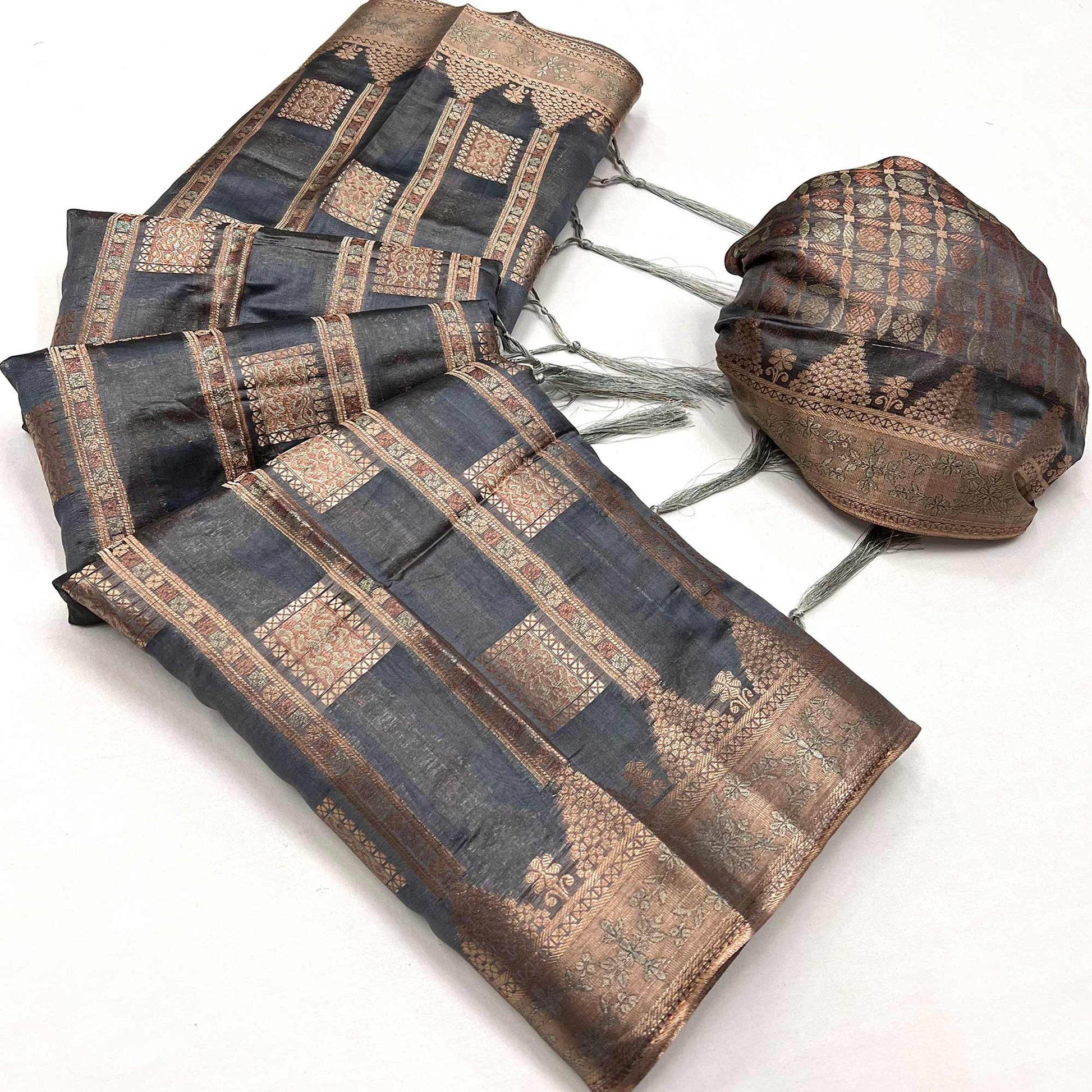 Grey Woven Cotton Blend Saree With Tassels