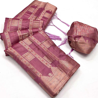Mauve  Woven Cotton Blend Saree With Tassels