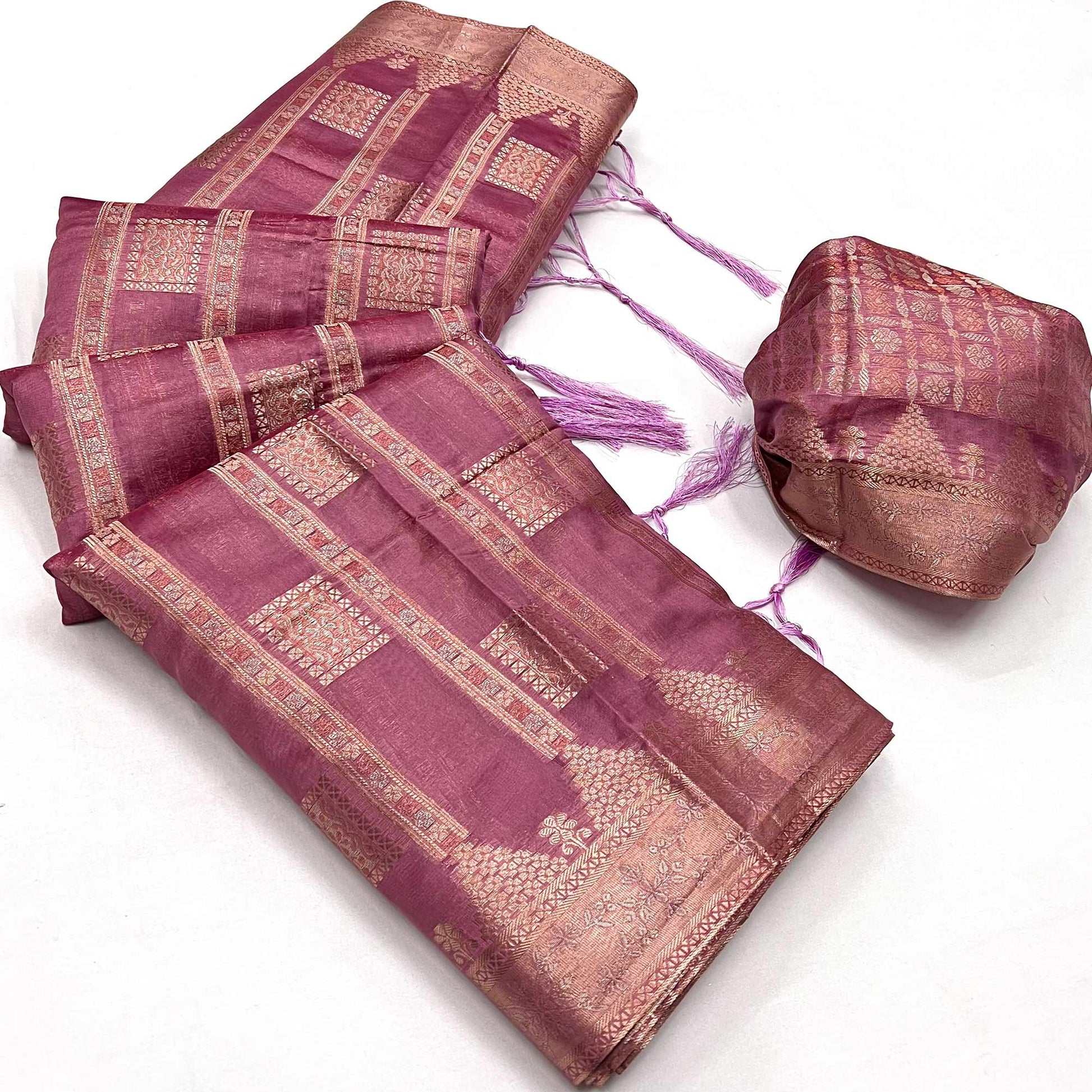 Mauve  Woven Cotton Blend Saree With Tassels
