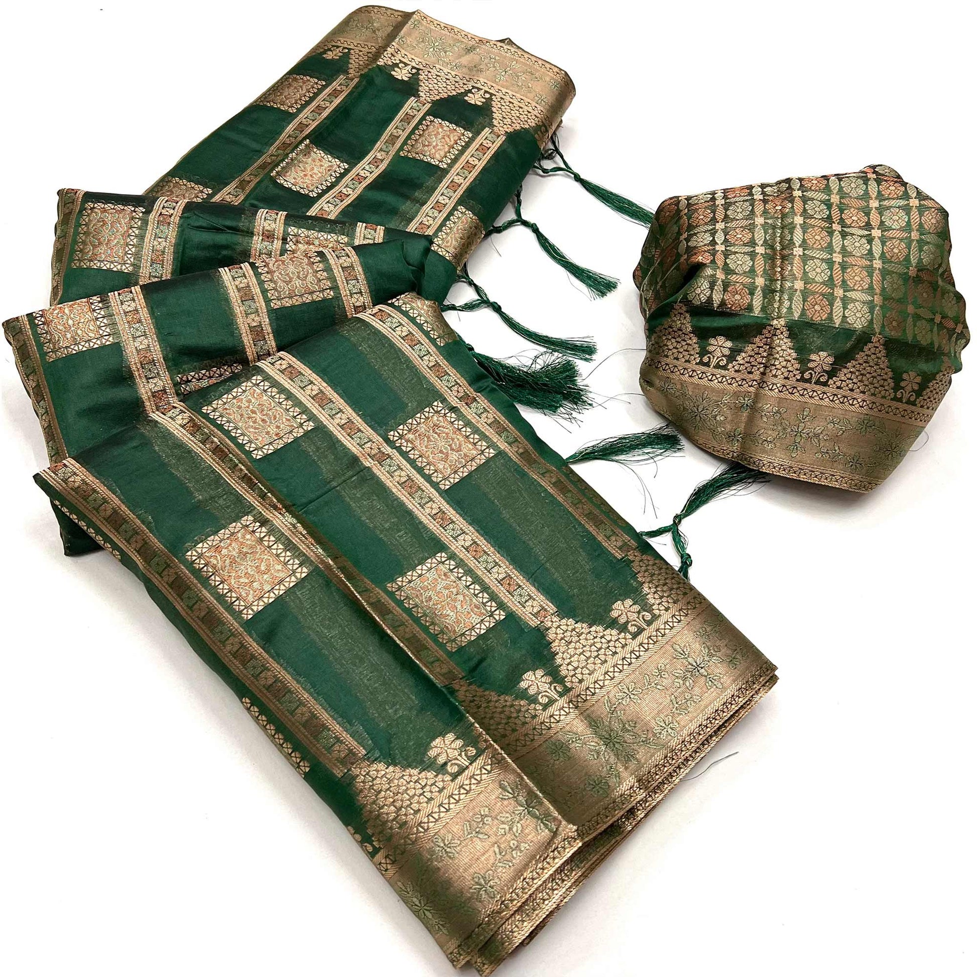 green-woven-cotton-blend-saree-with-tassels