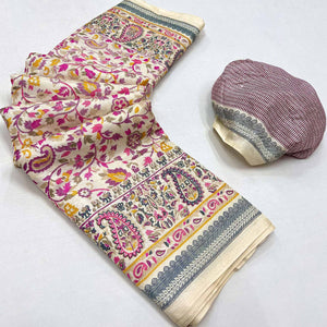 Cream & Pink Floral Printed Pashmina Saree