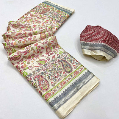 Cream & Red Floral Printed Pashmina Saree