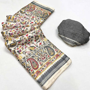 Cream & Grey Floral Printed Pashmina Saree