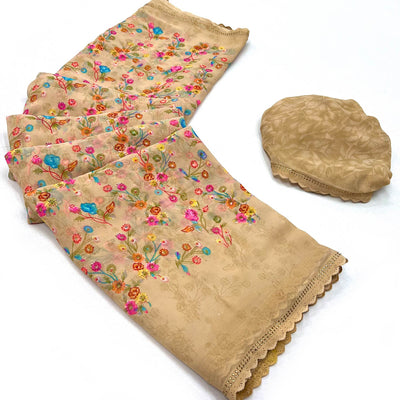 Chikoo Floral Printed Georgette Saree