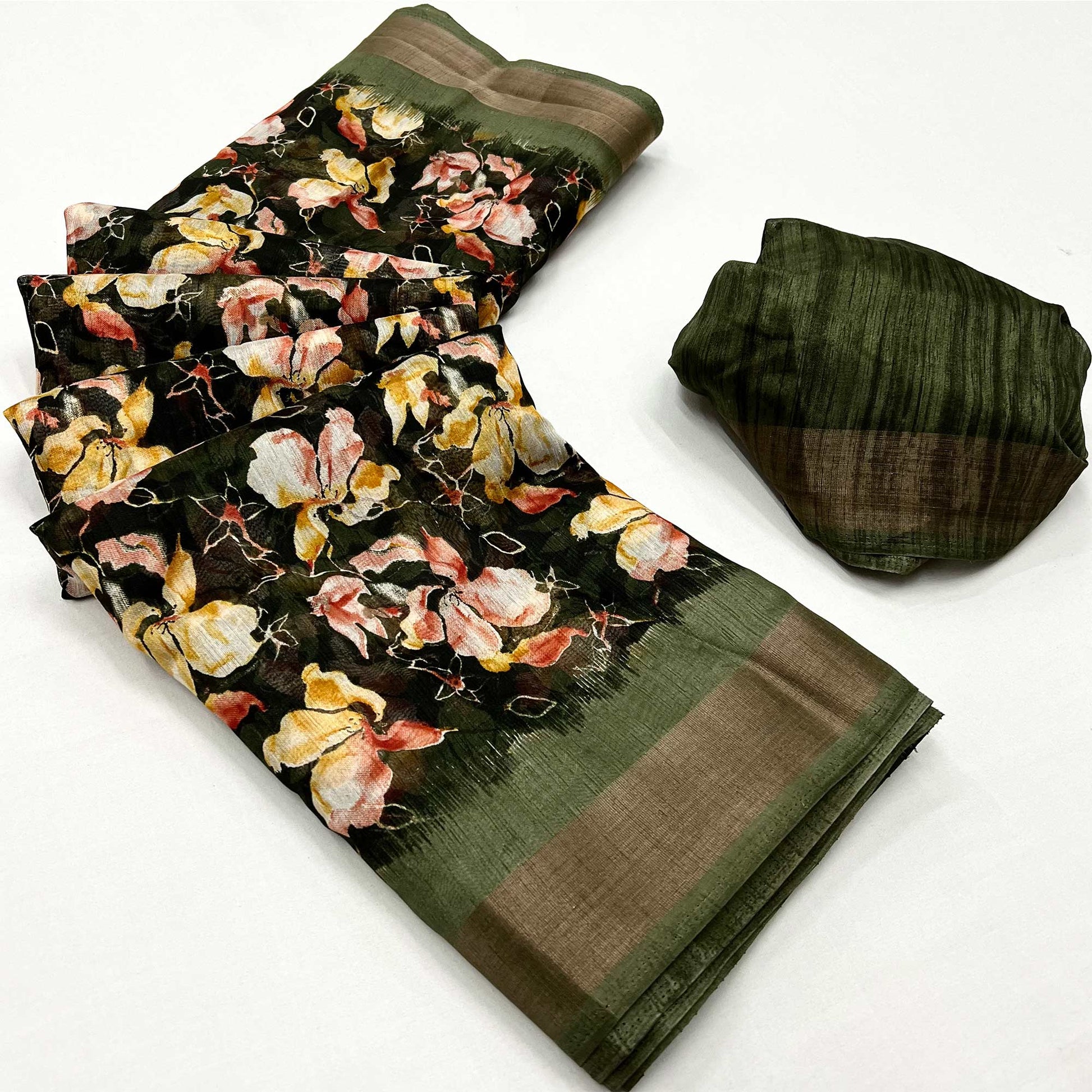 green-floral-printed-cotton-blend-saree