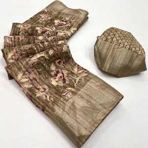 Chikoo Printed With Woven Border Cotton Blend Saree
