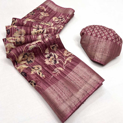 Mauve Printed With Woven Border Cotton Blend Saree