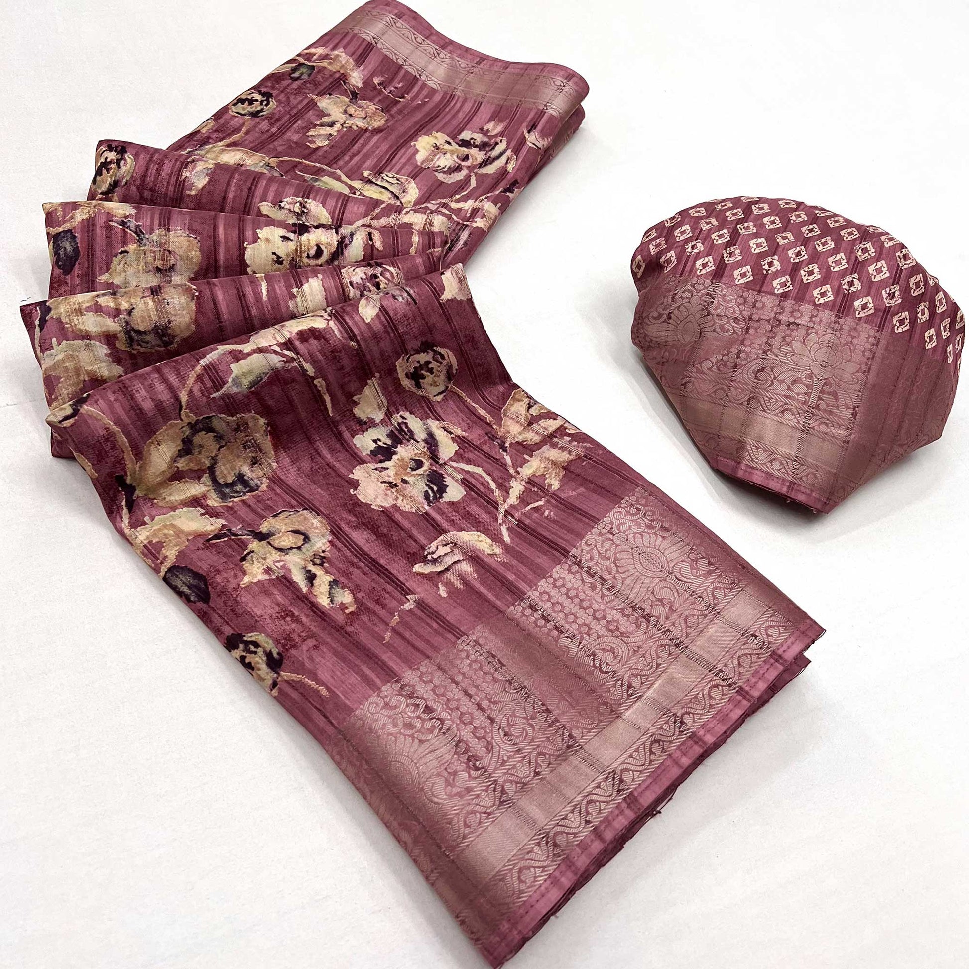 Mauve Printed With Woven Border Cotton Blend Saree
