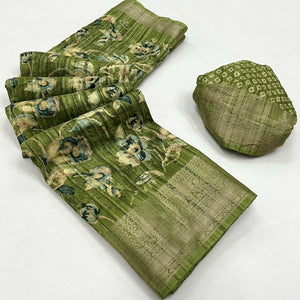 green-printed-with-woven-border-cotton-blend-saree