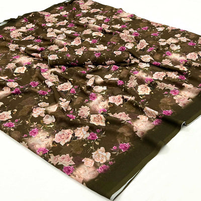 Mehendi Green Floral Digital Printed Georgette Saree