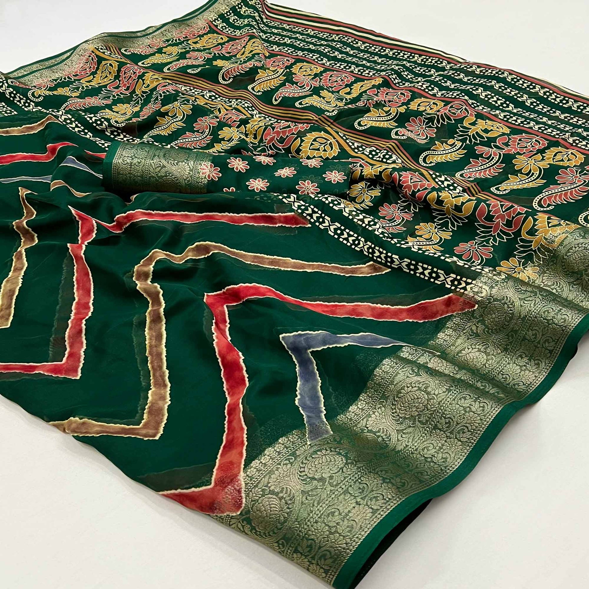 green-printed-georgette-saree-woven-border