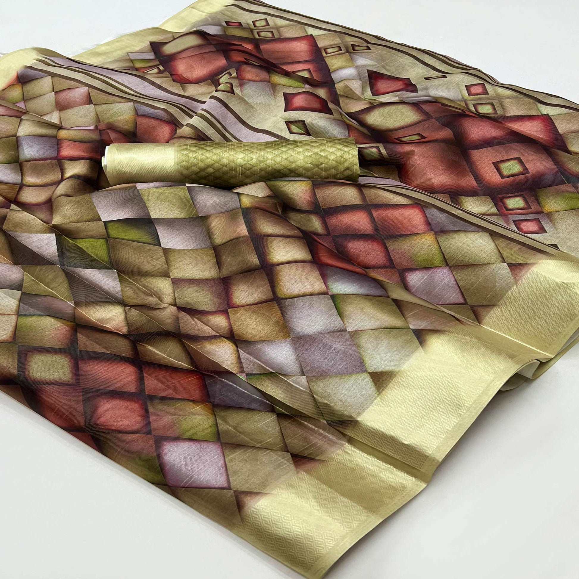 Lemon Green Digital Printed Cotton Blend Saree With Fancy Border