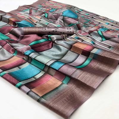 Brown Digital Printed Cotton Blend Saree With Fancy Border