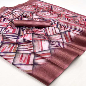 Brown Digital Printed Cotton Blend Saree With Fancy Border