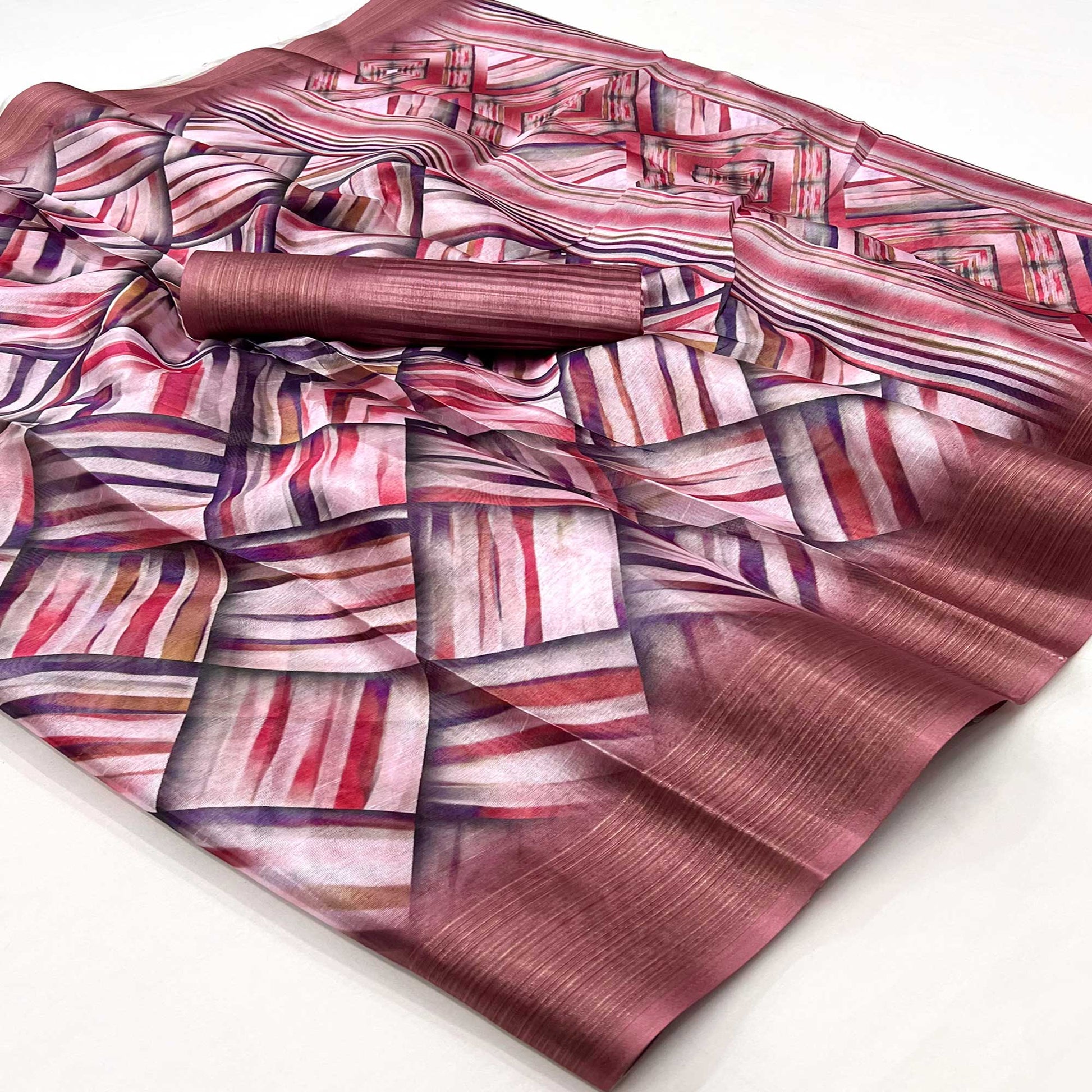 Brown Digital Printed Cotton Blend Saree With Fancy Border