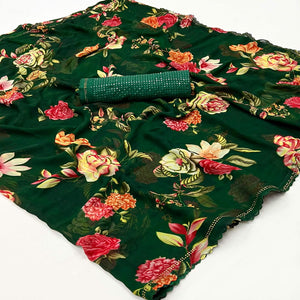 Bottle Green Floral Printed Georgette Saree