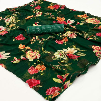 Bottle Green Floral Printed Georgette Saree