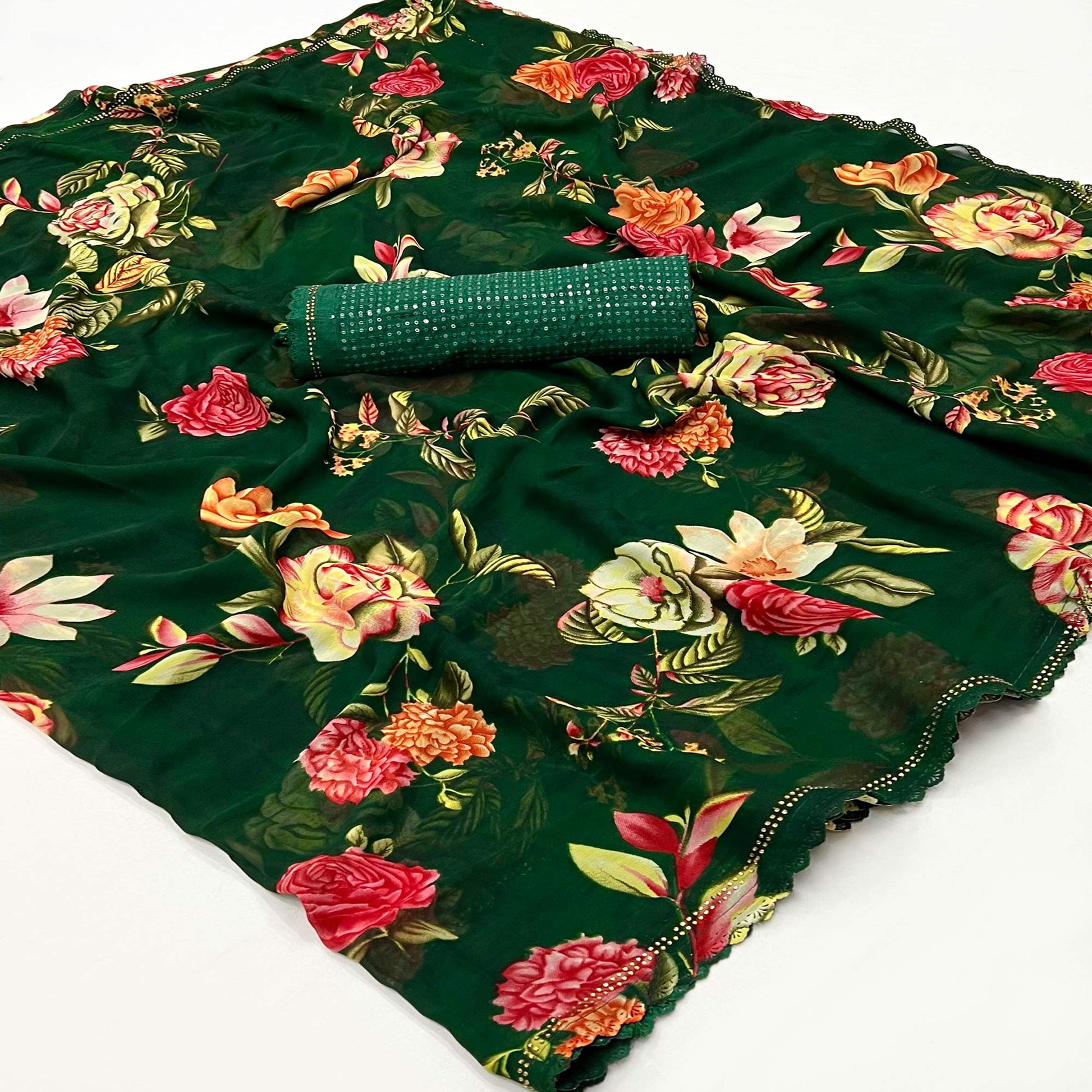 Bottle Green Floral Printed Georgette Saree