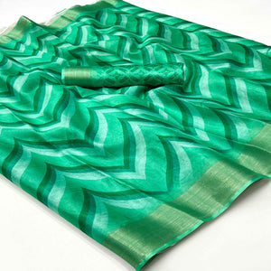 green-digital-printed-cotton-blend-saree-with-zari-border
