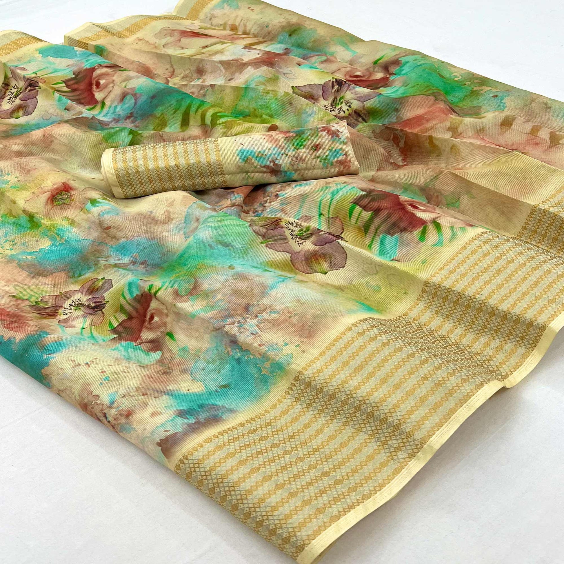 Cream Floral Digital Printed Cotton Blend Saree
