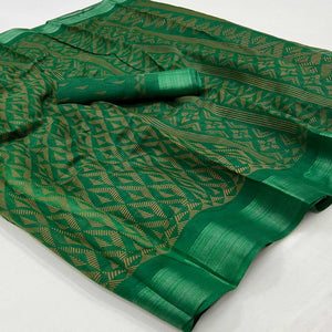 Dark Green Printed Cotton Blend Saree