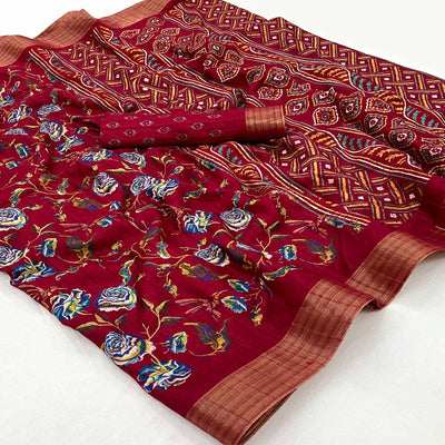 Maroon Floral Printed Cotton Blend Saree