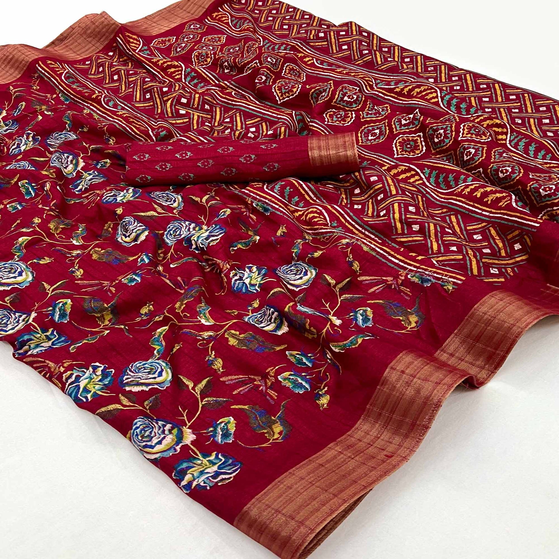 Maroon Floral Printed Cotton Blend Saree