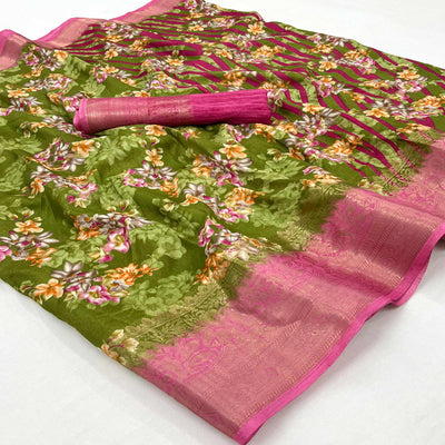 green-floral-printed-with-woven-border-dola-silk-saree-1