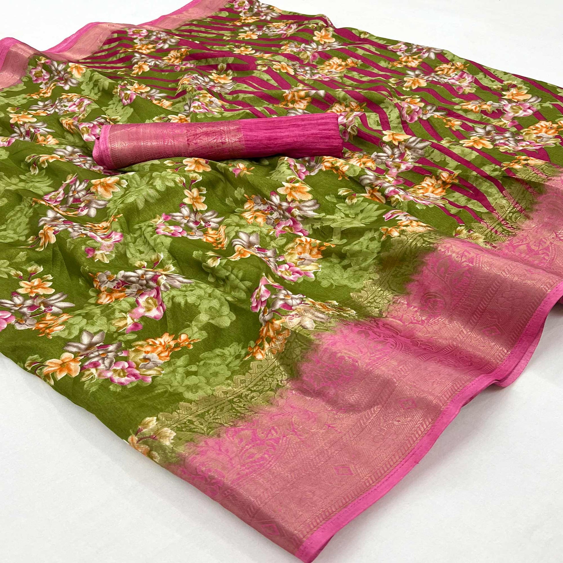 green-floral-printed-with-woven-border-dola-silk-saree-1