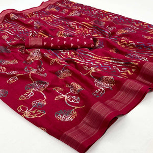 Maroon Floral Printed Dola Silk Saree