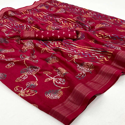 Maroon Floral Printed Dola Silk Saree