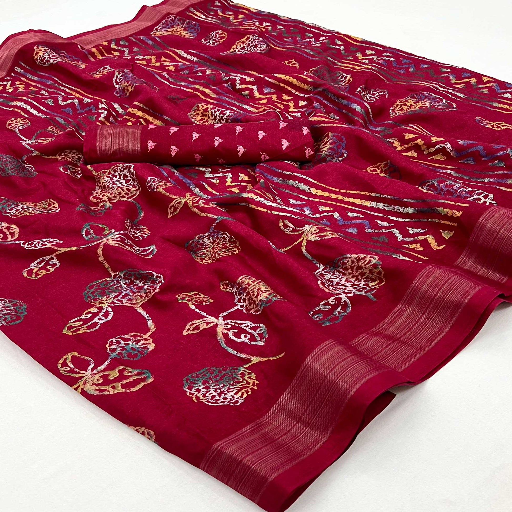 Maroon Floral Printed Dola Silk Saree