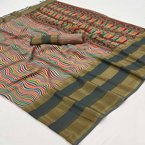 Grey Striped Digital Printed Georgette Saree