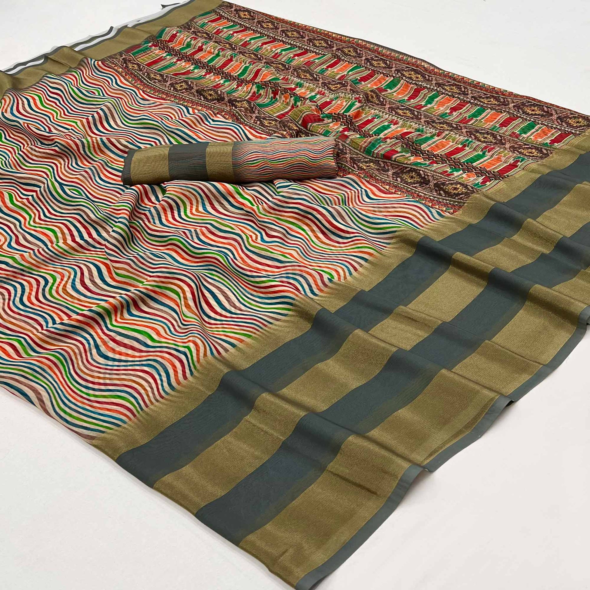 Grey Striped Digital Printed Georgette Saree