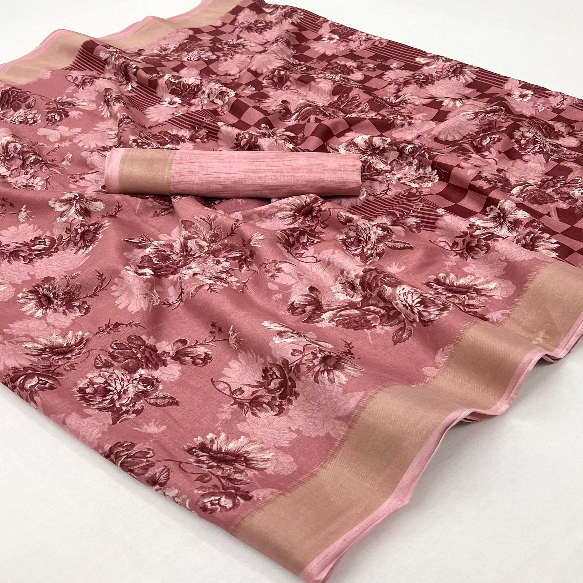 Dusty Peach Floral Printed Dola Silk Saree With Woven Border