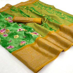 green-floral-printed-dola-silk-saree-with-woven-border