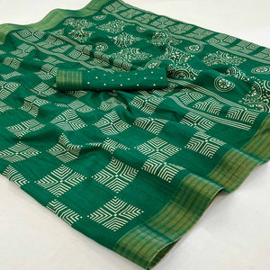 green-printed-cotton-blend-saree-with-woven-border