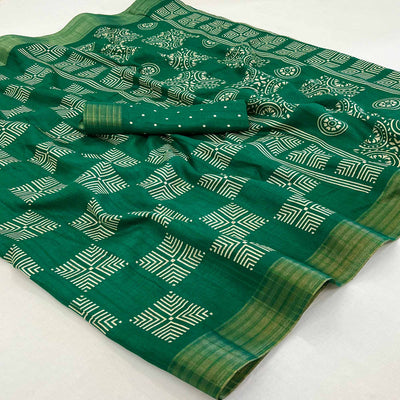 green-printed-cotton-blend-saree-with-woven-border
