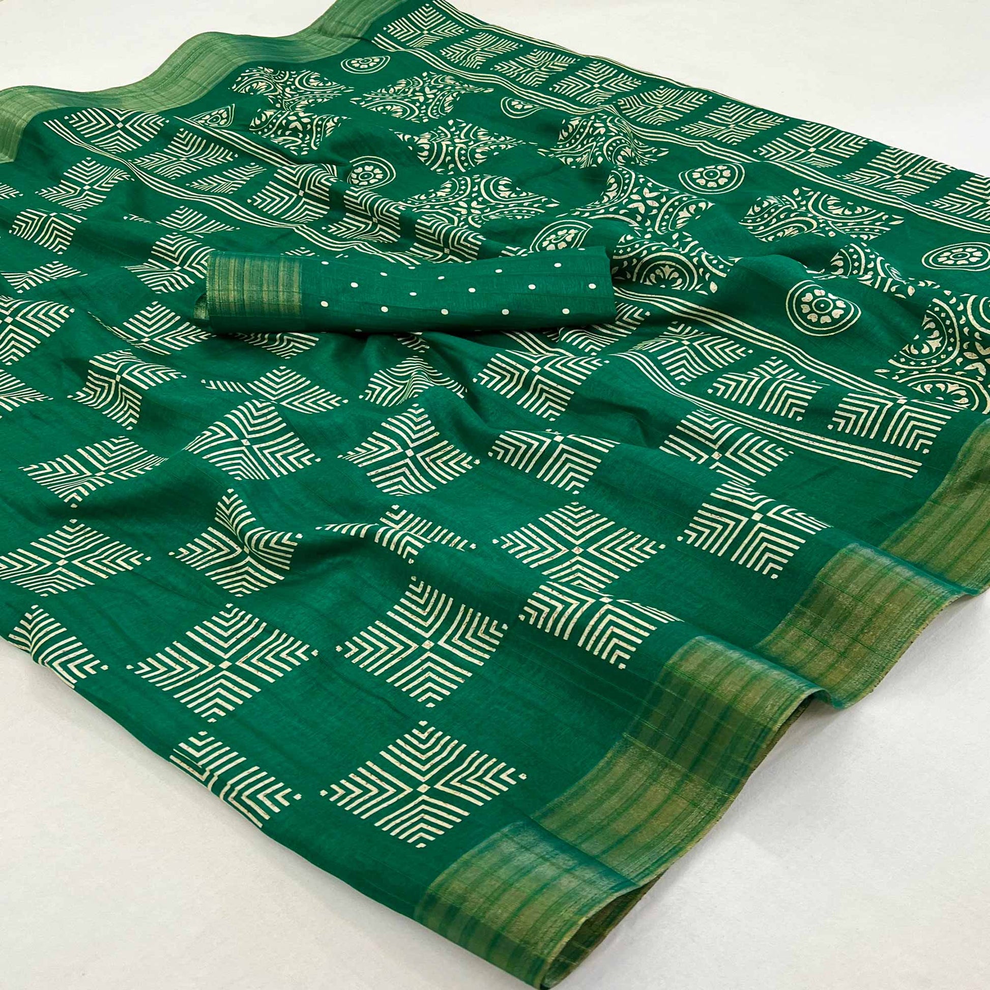 green-printed-cotton-blend-saree-with-woven-border